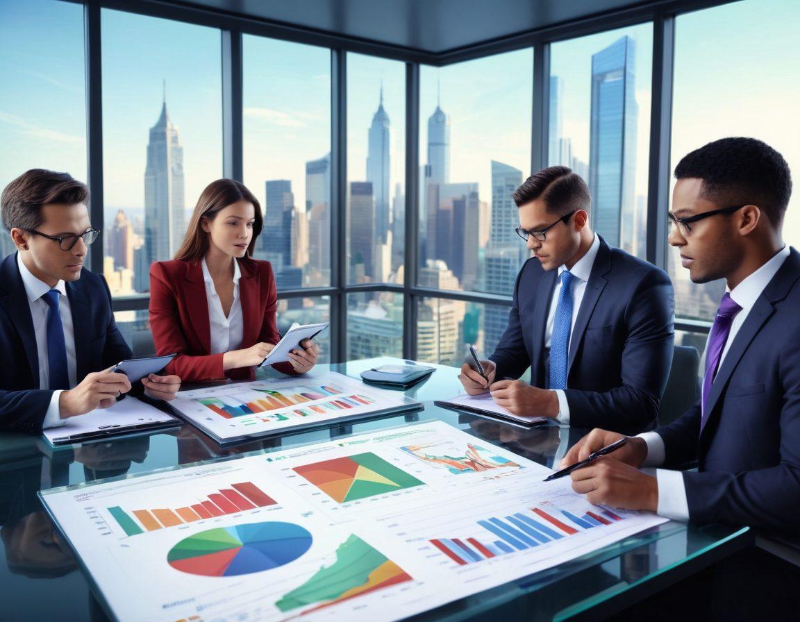 A dynamic and engaging visualization of a diverse group of financial experts analyzing colorful charts and graphs in a modern office setting. Include digital tablets, calculators, and financial documents scattered on a sleek table. Background should feature a large window revealing a bustling cityscape symbolizing economic growth. The atmosphere should exude professionalism and collaboration. super-realistic. vibrant colors. 3D.