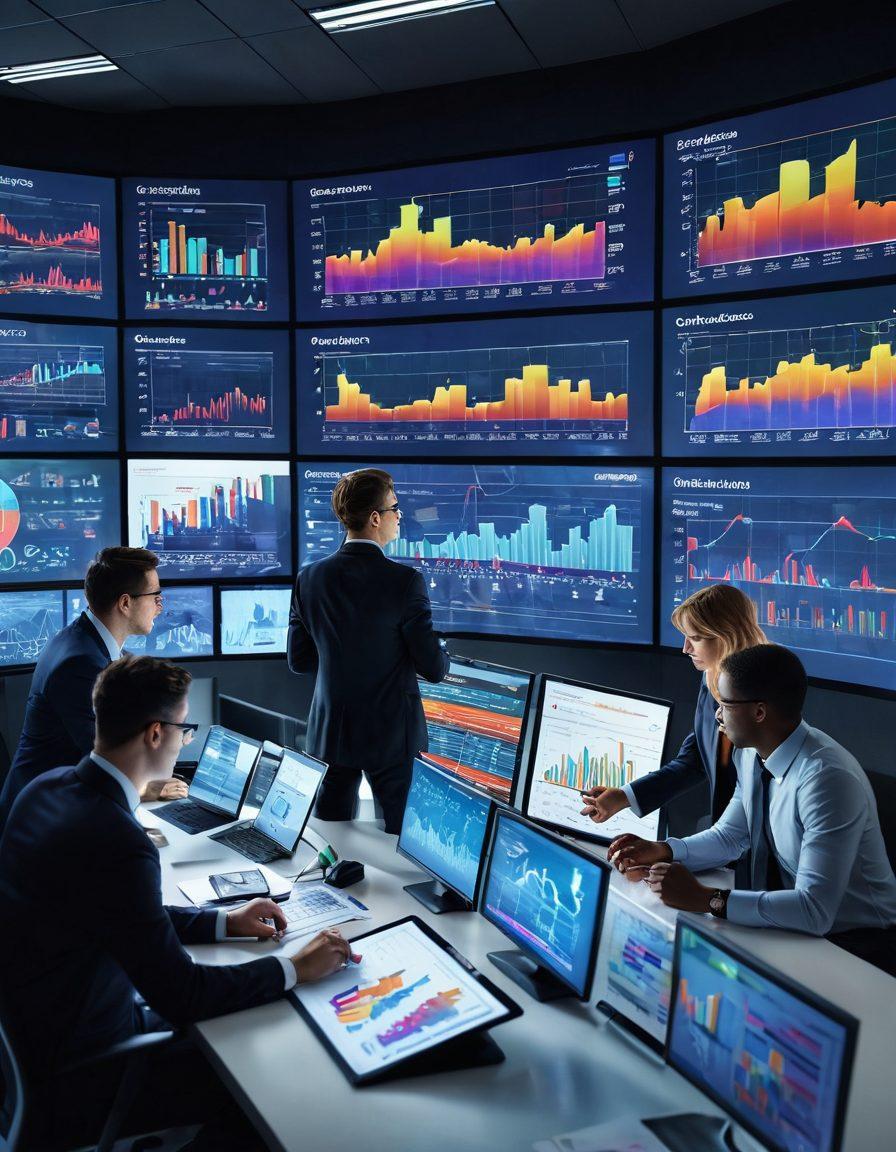 A dynamic digital landscape depicting a diverse group of business professionals collaboratively analyzing financial graphs and data on large screens. Include elements like charts, calculators, and colorful infographics illustrating strategy and analysis. Showcase a bright, modern office environment exuding energy and innovation. super-realistic. vibrant colors. 3D.